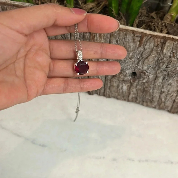 RMN Ruby Zirconia Pendant Necklace Silver Tone Chain Women’s Jewelry - Picture 6 of 9